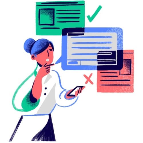 Illustration of an ecommerce site being evaluated, representing structured categories, internal linking, and SEO foundations built to scale as a product catalogue grows
