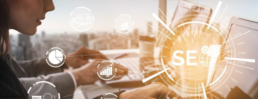 SEO backlink strategy visual showing data analysis, performance metrics, and website authority growth