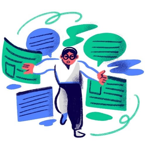 Illustration showing connected website elements, representing how website structure, performance, and content support SEO, paid advertising, and conversions together